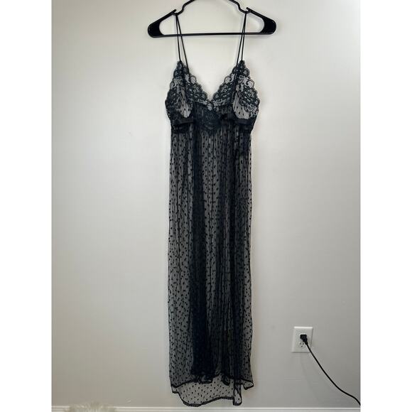 NWT Vintage Indulgence Black Sheer Lace Polka Dot Floral Ribbon Night Slip Dress - Picture 4 of 12